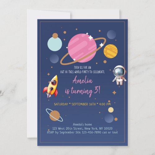 Pink Girl Astronaut Outer Space Birthday Invitation