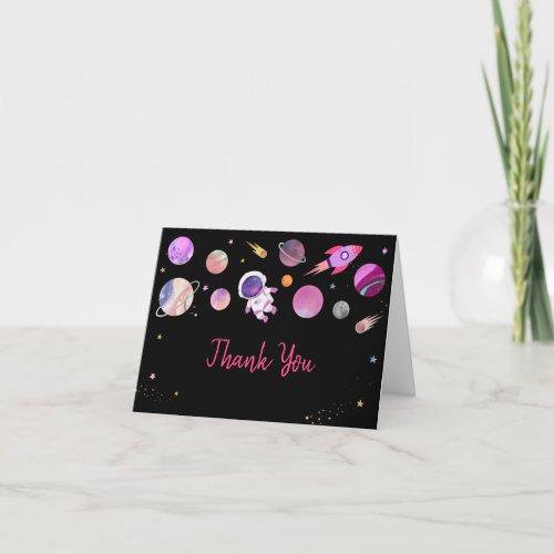 Pink Girl Astronaut Outer Space Birthday Thank You Card