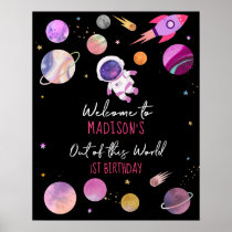 Pink Girl Astronaut Outer Space Birthday Welcome Poster