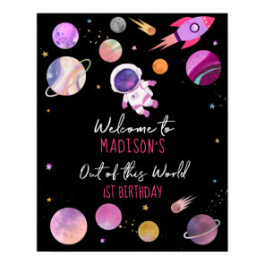 Pink Girl Astronaut Outer Space Birthday Welcome Poster