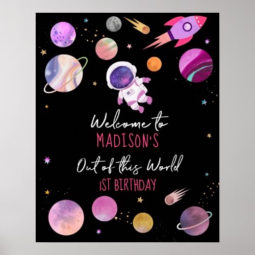  Pink Girl Astronaut Outer Space Birthday Welcome Poster
