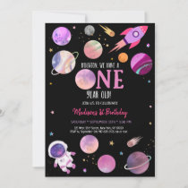 Pink Girl Astronaut Outer Space First Birthday Invitation