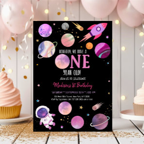Pink Girl Astronaut Outer Space First Birthday Invitation
