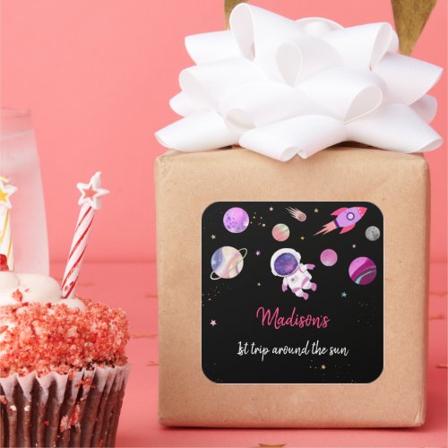 Pink Girl Astronaut Outer Space First Birthday Square Sticker