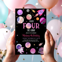 Pink Girl Astronaut Outer Space Fourth Birthday Invitation