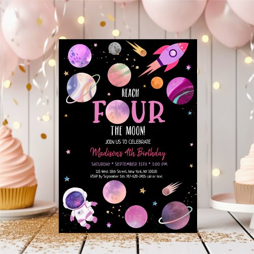 Pink Girl Astronaut Outer Space Fourth Birthday Invitation
