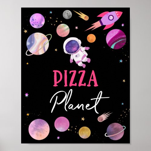 Pink Girl Astronaut Pizza Planet Birthday Sign