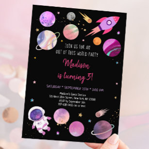 Pink Girl Astronaut Space Birthday Invitation