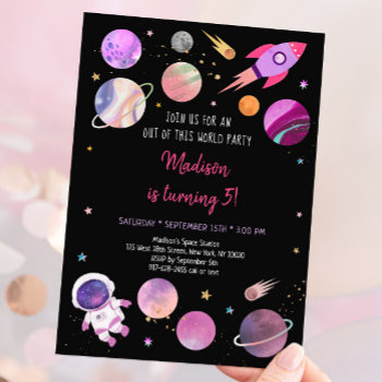 Pink Girl Astronaut Space Birthday Invitation by LittlePrintsParties at Zazzle