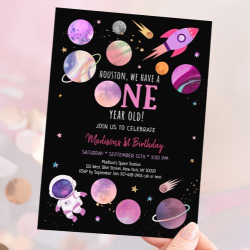 Pink Girl Astronaut Space First Birthday Invitation