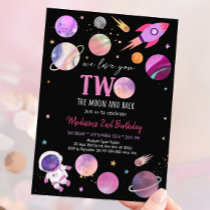 Pink Girl Astronaut Space Two The Moon Birthday Invitation