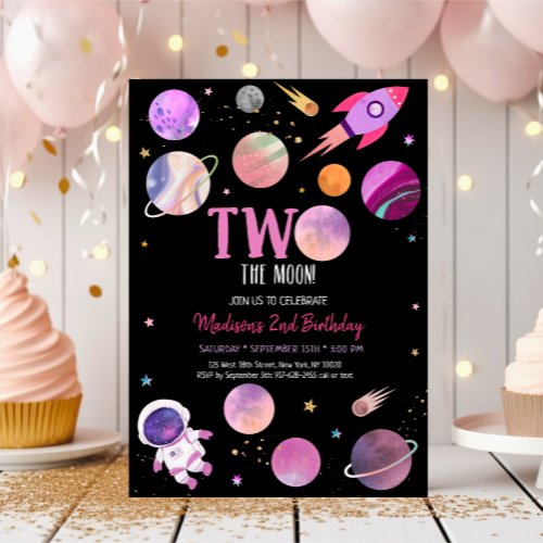 Pink Girl Astronaut Space Two The Moon Birthday Invitation