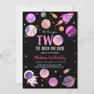 Pink Girl Astronaut Space Two The Moon Birthday Invitation