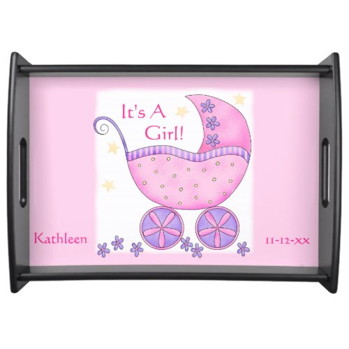 Pink Girl Baby Buggy Carriage with Name Birthdate Serving Tray
