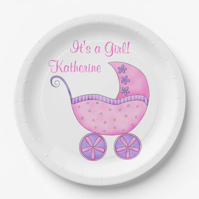 Pink Girl Baby Buggy Its a Girl Name Personalized Paper Plates (Front)
