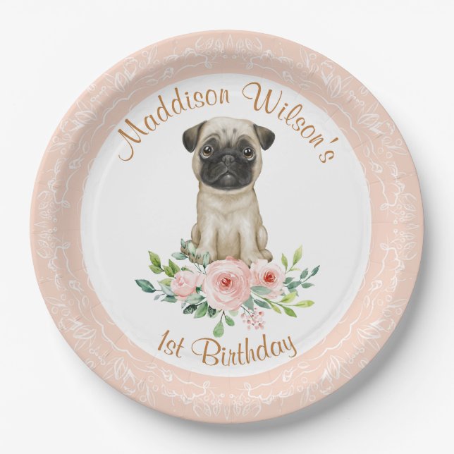 Pink Girl Baby Pug Birthday Paper Plate (Front)