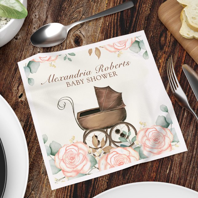 Pink Girl Baby Shower Floral Custom  Napkins (Blush pink vintage floral baby carriage custom paper napkin.)