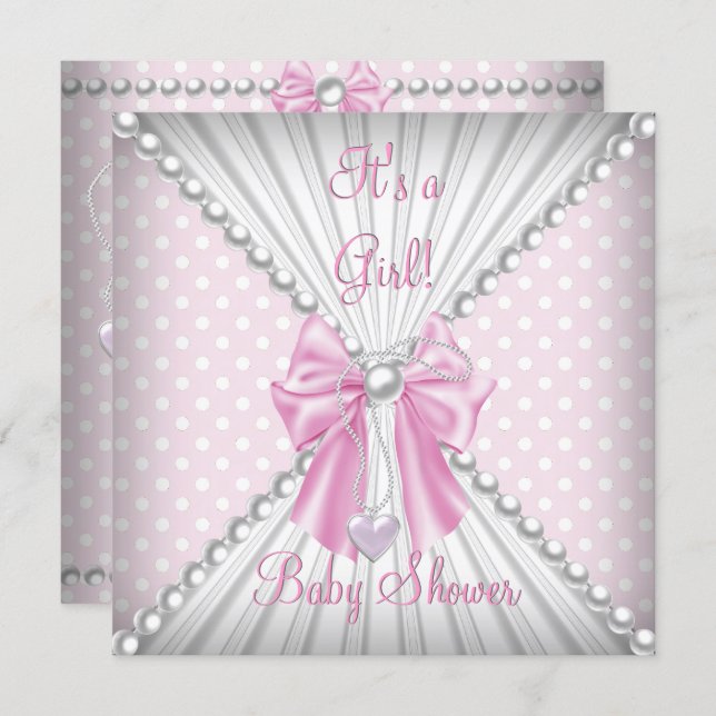 Pink Girl Baby Shower Pearl Polka Dots Invitation (Front/Back)