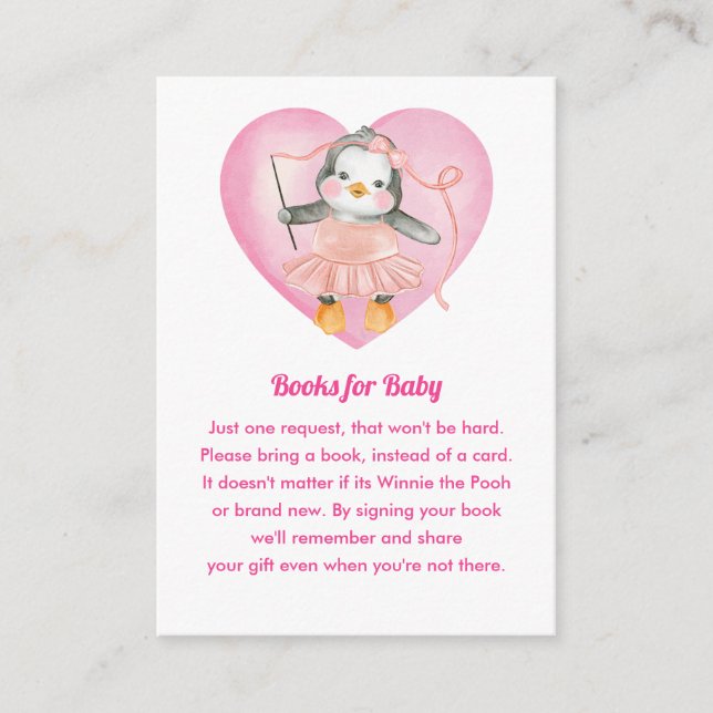 Pink Girl Baby Shower Penguin Book Request Enclosure Card (Front)