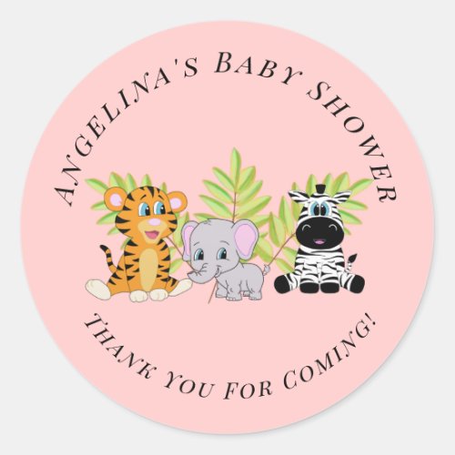 Pink Girl Baby Shower Safari Jungle Animals Classic Round Sticker