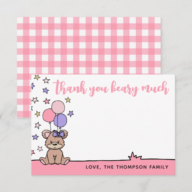 Pink Girl Baby Shower Thank You Beary Much Card (Front/Back)