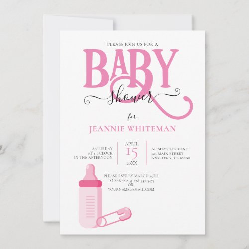 PINK GIRL BABY SHOWER WITH BABY BOTTLE INVITATION