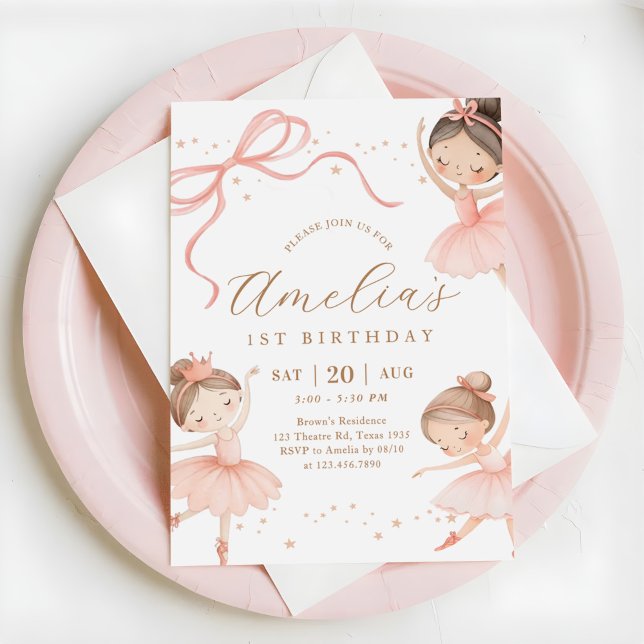 Pink Girl Ballerina 1st Birthday Party Invitation (Creator Uploaded)
