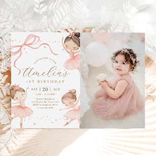 Pink Girl Ballerina 1st Birthday Party Photo Invitation