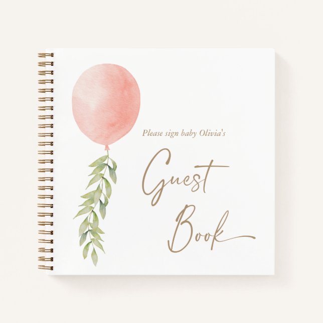 Pink Girl Balloon Eucalyptus Foliage Guest Book (Front)