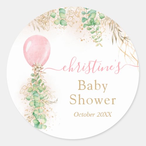Pink Girl Balloon Watercolor Floral Baby Shower Classic Round Sticker