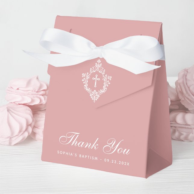 Pink Girl Baptism Cross & Crest Elegant Dusty Rose Favor Boxes (Creator Uploaded)