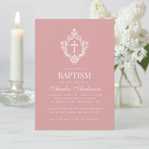 Pink Girl Baptism Cross & Crest Elegant Dusty Rose Invitation