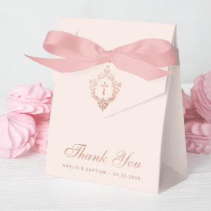 Pink Girl Baptism Cross Crest Rose Gold Thank You Favor Boxes