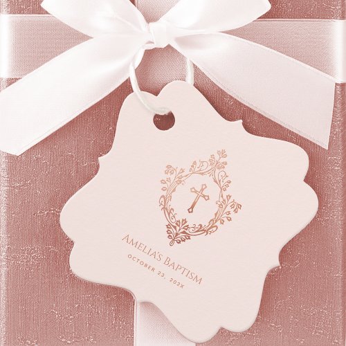 Pink Girl Baptism Cross in Vintage Rose Gold Crest Favor Tags