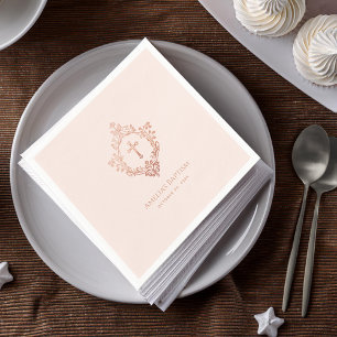 Pink Girl Baptism Elegant Rose Gold Cross in Crest Napkins