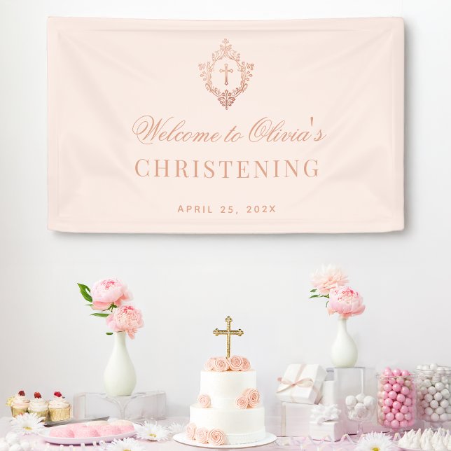 Pink Girl Baptism Elegant Vintage Rose Gold Crest Banner (Creator Uploaded)