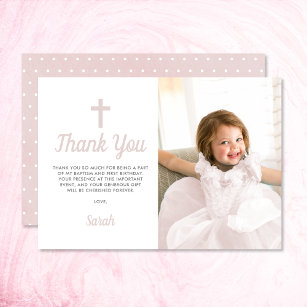 Pink Girl Baptism First Birthday Photo Thank You Card