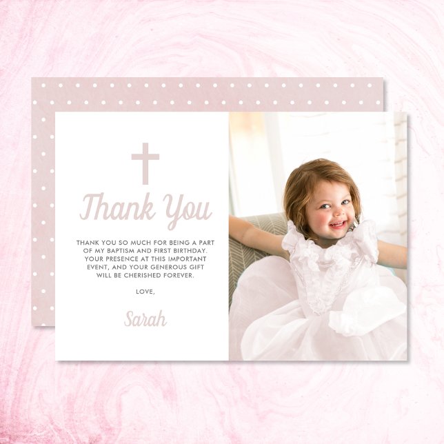 Pink Girl Baptism First Birthday Photo Thank You Card (Thank your family and friends for attending your daughter's baptism with this photo thank you card.)