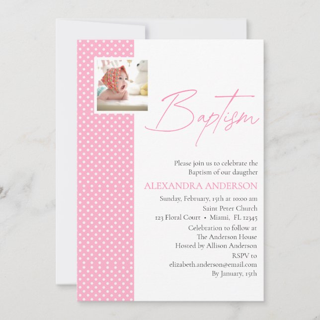 Pink Girl Baptism Invite with Photo & Polka Dots (Front)