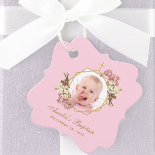 Pink Girl Baptism Photo Floral Geometric Orchids Favor Tags