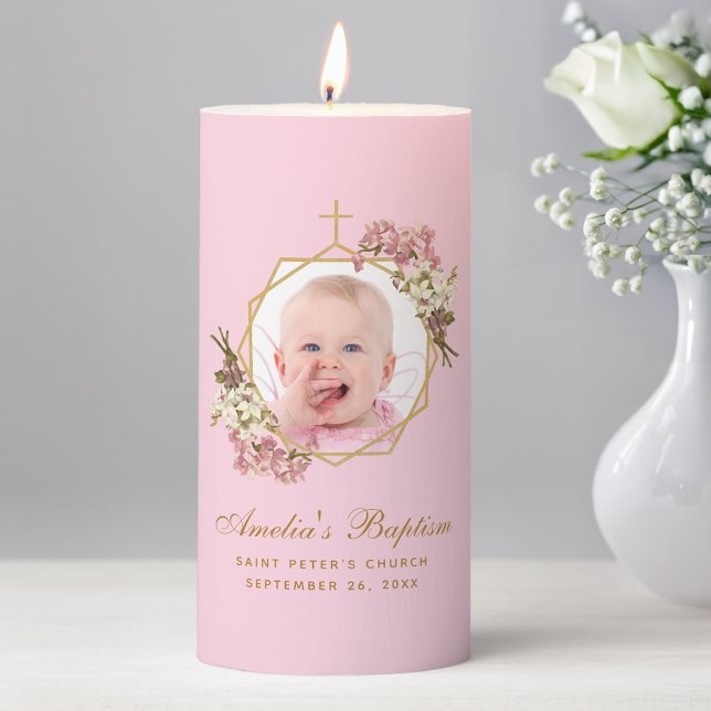 Pink Girl Baptism Photo Floral Geometric Orchids  Pillar Candle (Creator Uploaded)