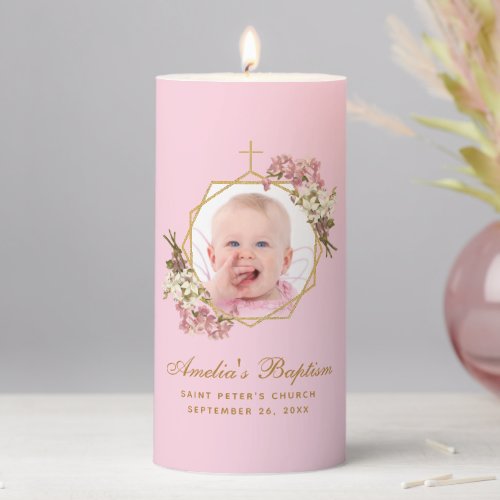 Pink Girl Baptism Photo Floral Geometric Orchids  Pillar Candle