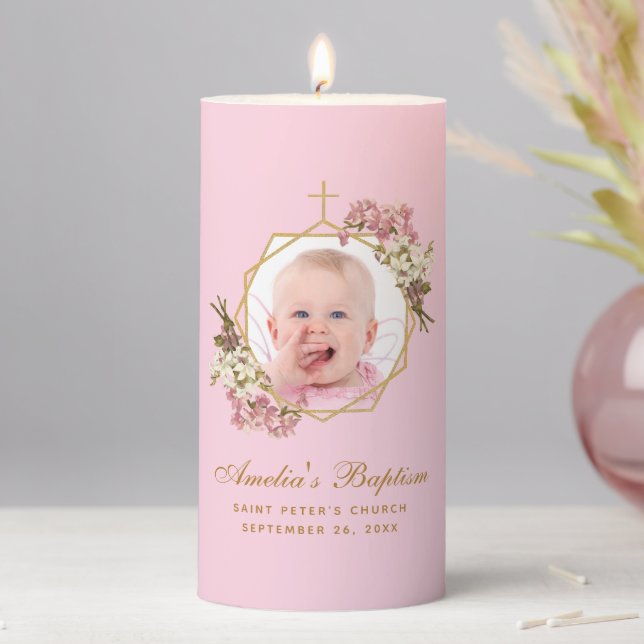 Pink Girl Baptism Photo Floral Geometric Orchids  Pillar Candle (In Situ)