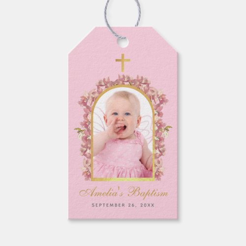 Pink Girl Baptism Photo Floral Orchids Gold Arch Gift Tags