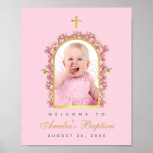 Pink Girl Baptism Photo Gold Arch Orchids Welcome Poster