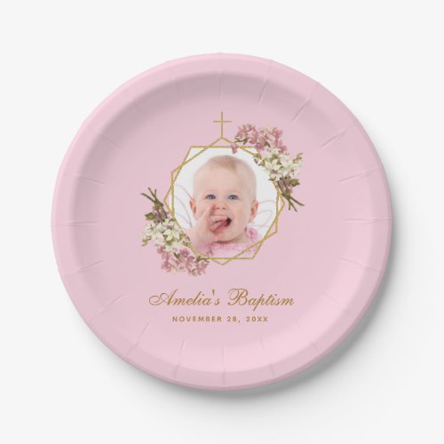 Pink Girl Baptism Photo Orchids Floral Geometric Paper Plates