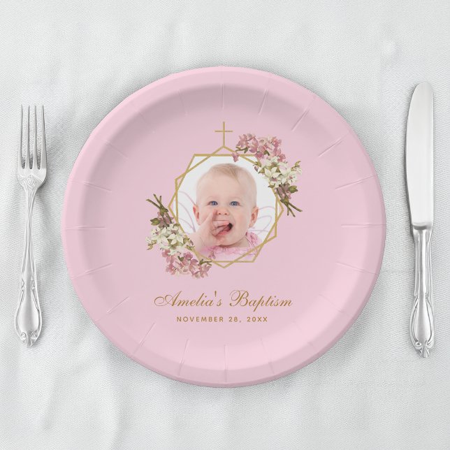 Pink Girl Baptism Photo Orchids Floral Geometric Paper Plates (Creator Uploaded)
