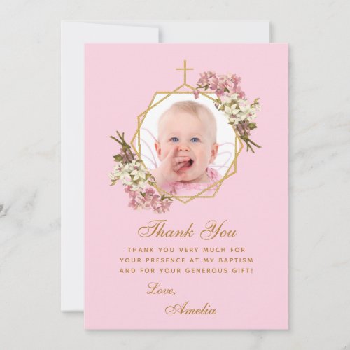 Pink Girl Baptism Photo Orchids Floral Geometric  Thank You Card