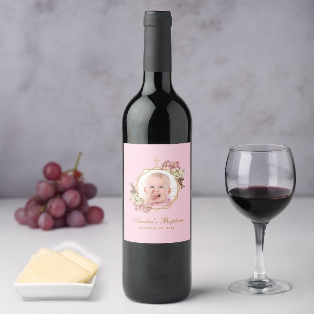 Pink Girl Baptism Photo Orchids Floral Geometric Wine Label (Creator Uploaded)