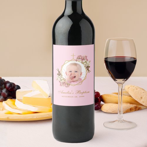 Pink Girl Baptism Photo Orchids Floral Geometric Wine Label